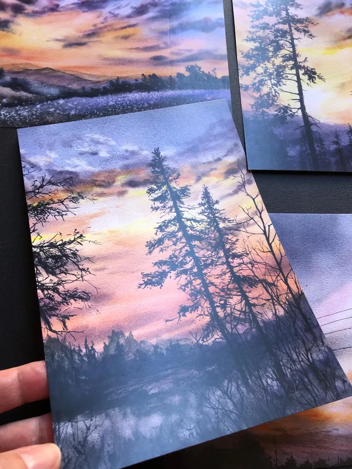 Sunset Watercolor Painting Landscape Set of 4 Prints Sunset Postcards