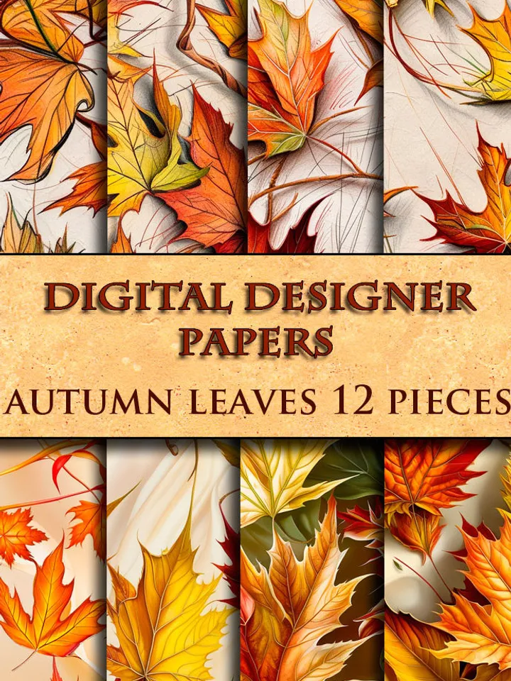 Autumn leaves, enchanted forest seamless 12 pieces pattern Unlimited Commercial Use digital print file instant download