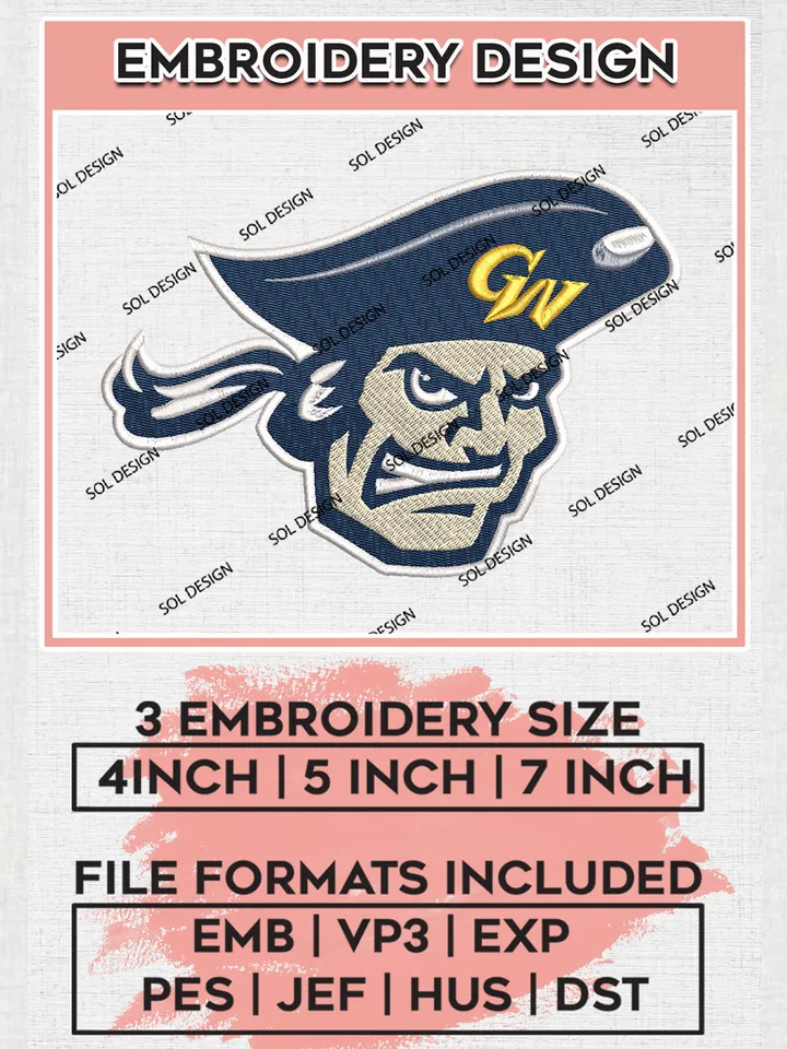 NCAA George Washington Colonials Team Head Mascot Logo Embroidery Design Files, NCAA George Washington Colonials Machine Embroidery, NCAA Teams, 3 sizes, NCAA Machine embroidery designs, Digital Download