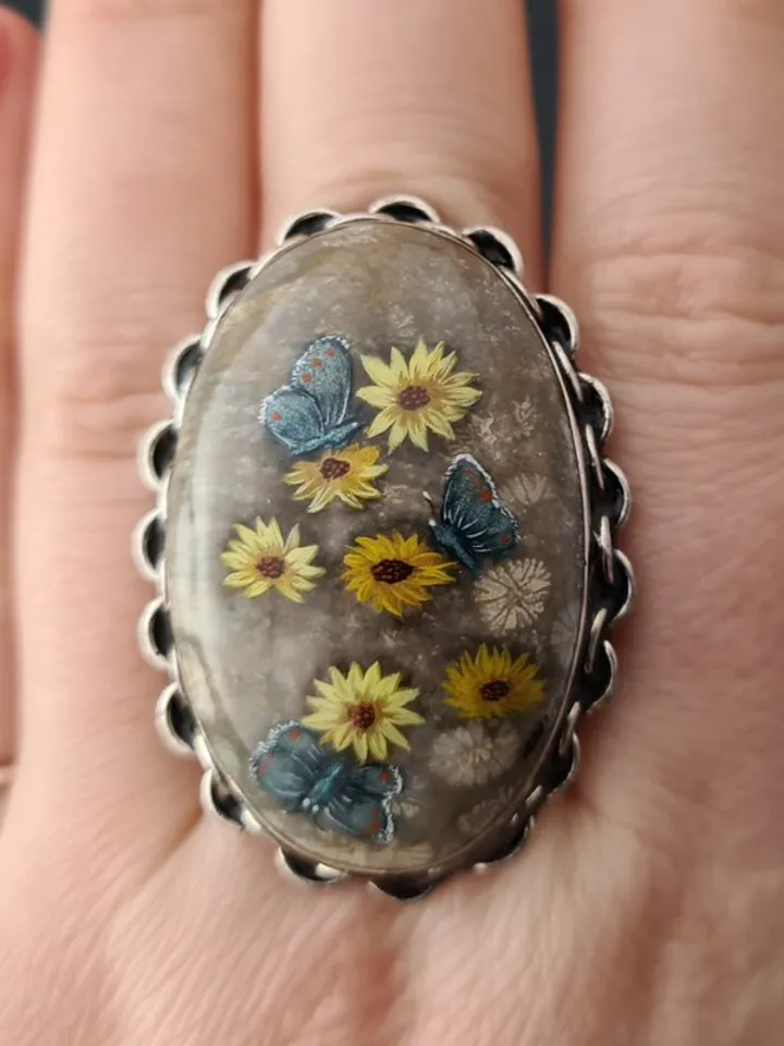 Daisies and blue moths ring Coral stone ring Stone painting