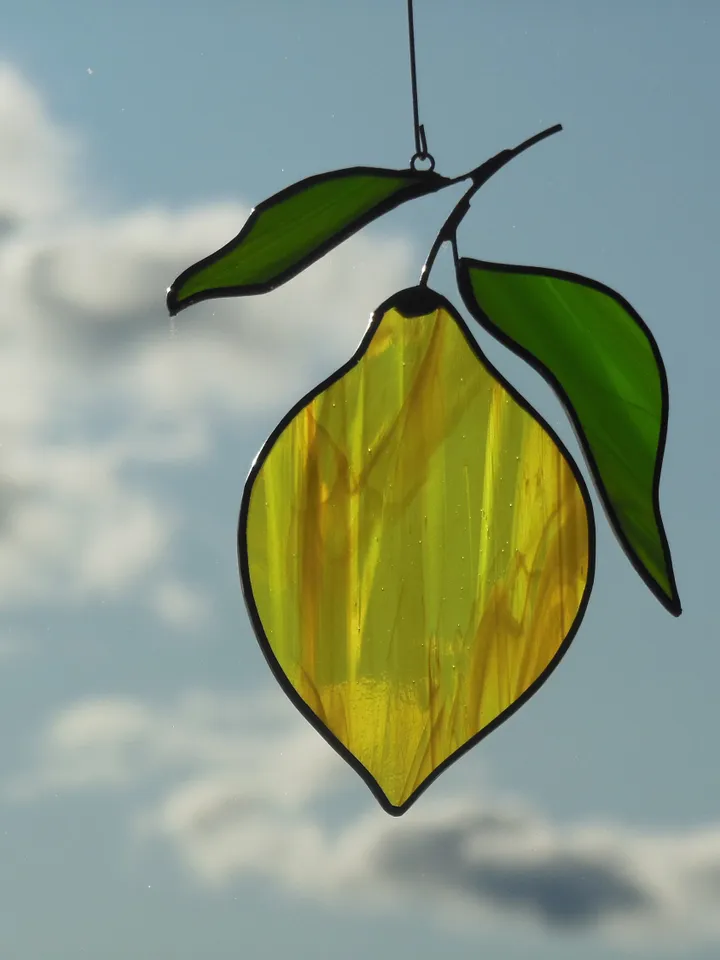 Yellow Lemon . Art stained glass window hanging Suncatcher (texture S ) kitchen fruit berries