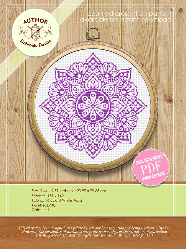 Mandala cross stitch pattern download PDF, Monochrome cross stitch chart, Modern mandala ornament digital PDF, Easy beginner stitch #M54
