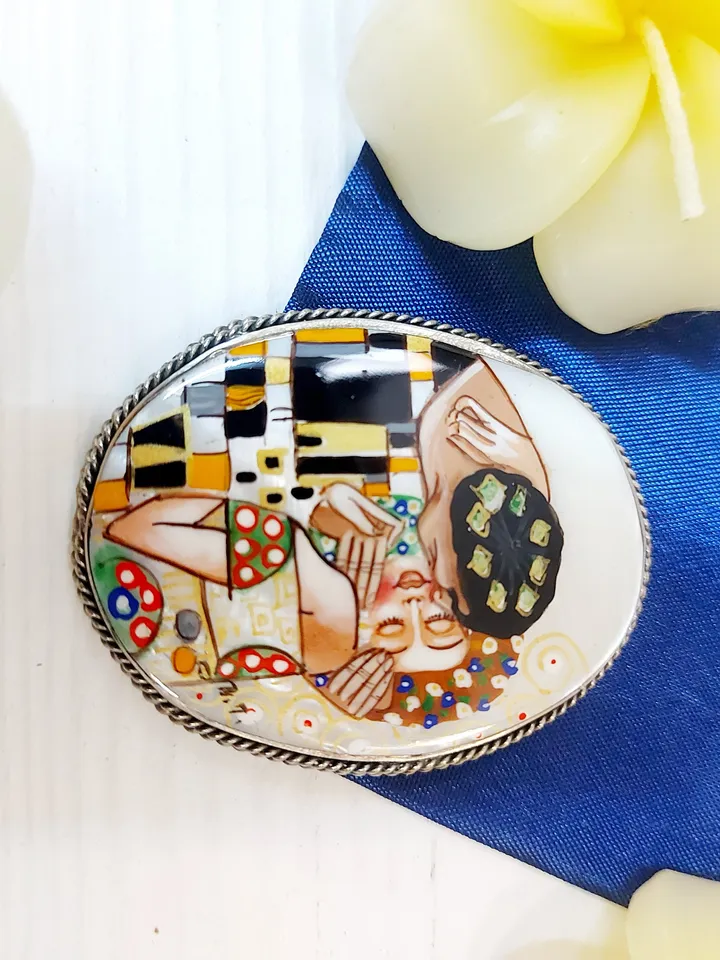 Brooches for women: Gustav Klimt "The Kiss" on handmade pin for dress, original Art Nouveau pins made from mother of pearl shell