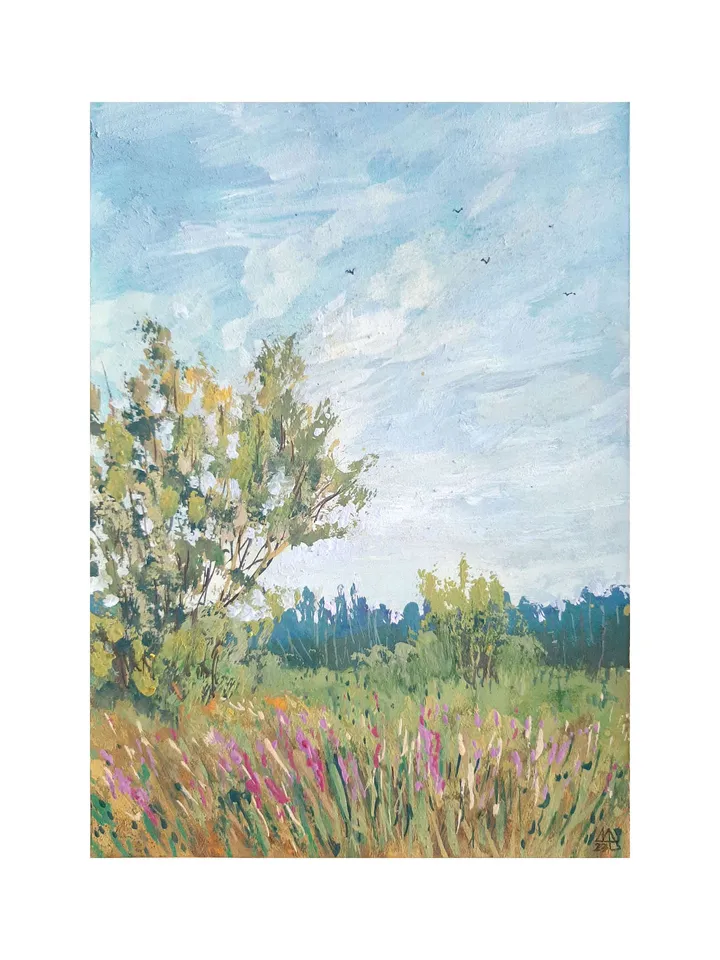 Tree Painting 7x5" Wildflower Landscape Small Artwork ORIGINAL Painting Impressionist Summer ART Signed by artist Marina Chuchko