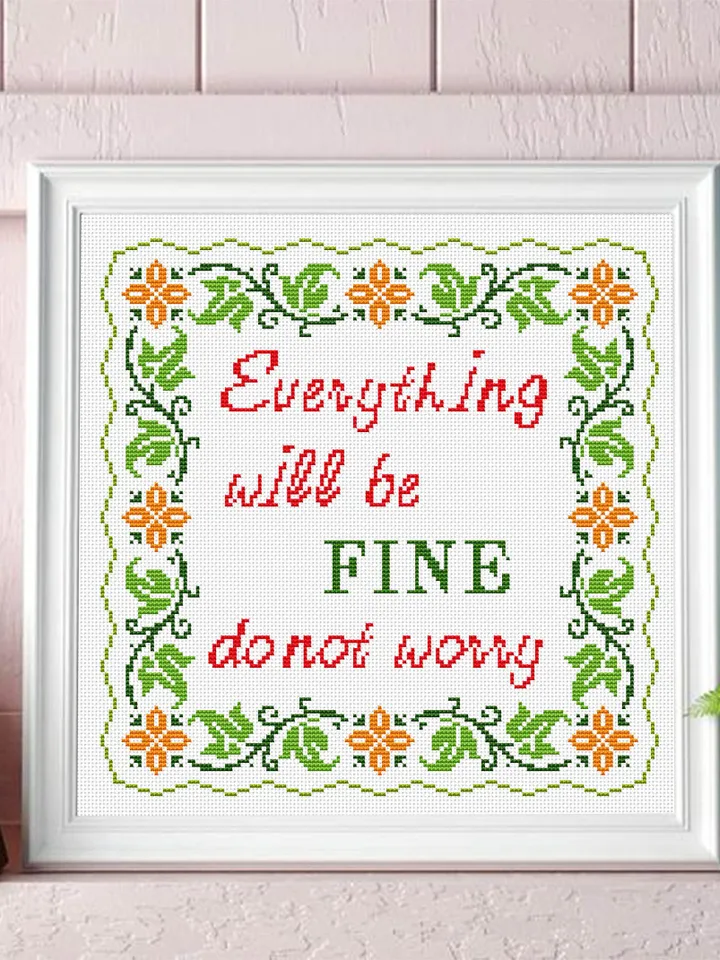 Framed quote cross stitch pattern PDF Everything will be fine Floral frame cross stitch download PDF, Folk ornaments hand embroidery #Q2