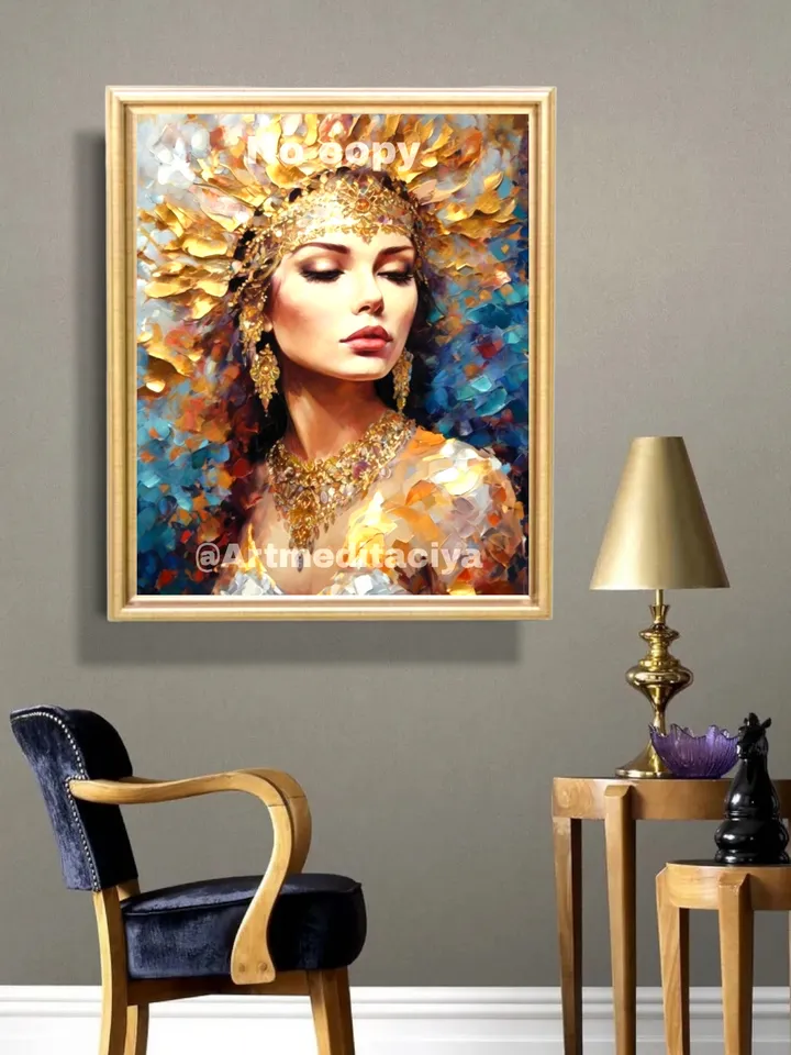 Digital abstract textural modern painting "Slavyanka in ethnic jewelry in gold" on an abstract multicolored background in the style of oil pasty painting with a palette knife