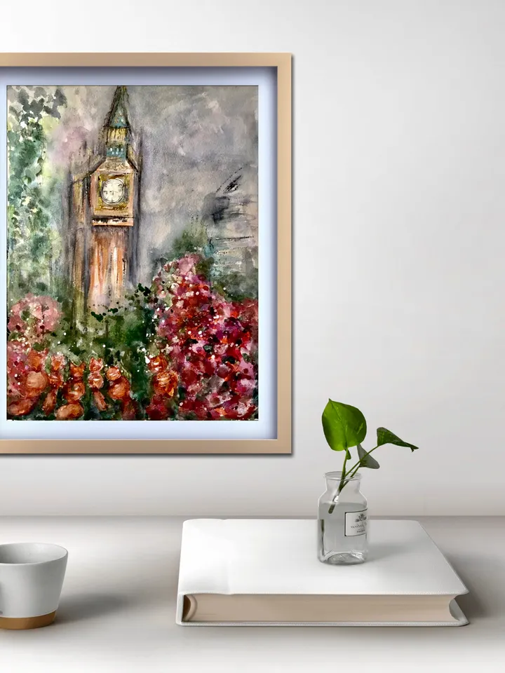 London cityscape original watercolour painting wall art,London Big Ben painting,flowers painting,England painting,wall decoration,gift.
