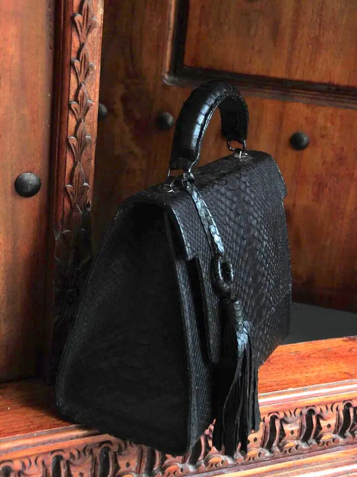 Top handle black classy genuine python skin big bag | exotic leather bags | Elegant women purse | snake skin bag | designer leather bag