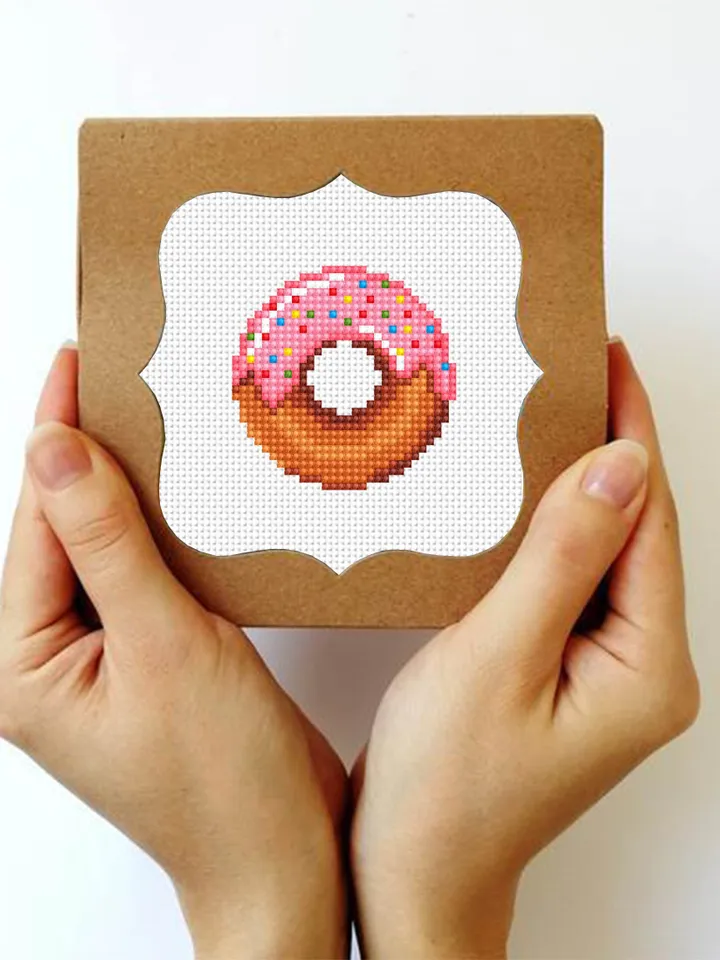 Pink donut small cross stitch pattern PDF Mini cross stitch chart, Minimalistic food cross stitch Instant download PDF, Beginner stitch #F3