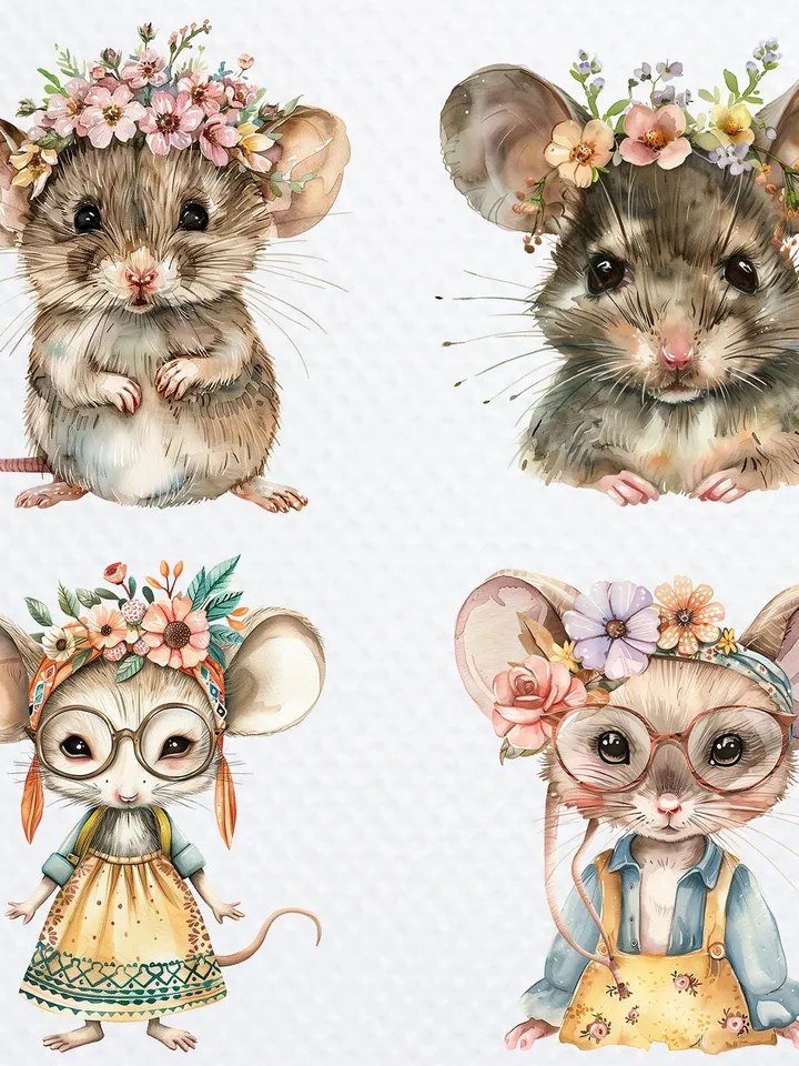 21 Boho Mouse PNG Bundle, Cute cartoon Mous, Watercolor clipart for sublimation, High Quality scrapbook images, Paper craft, junk journal