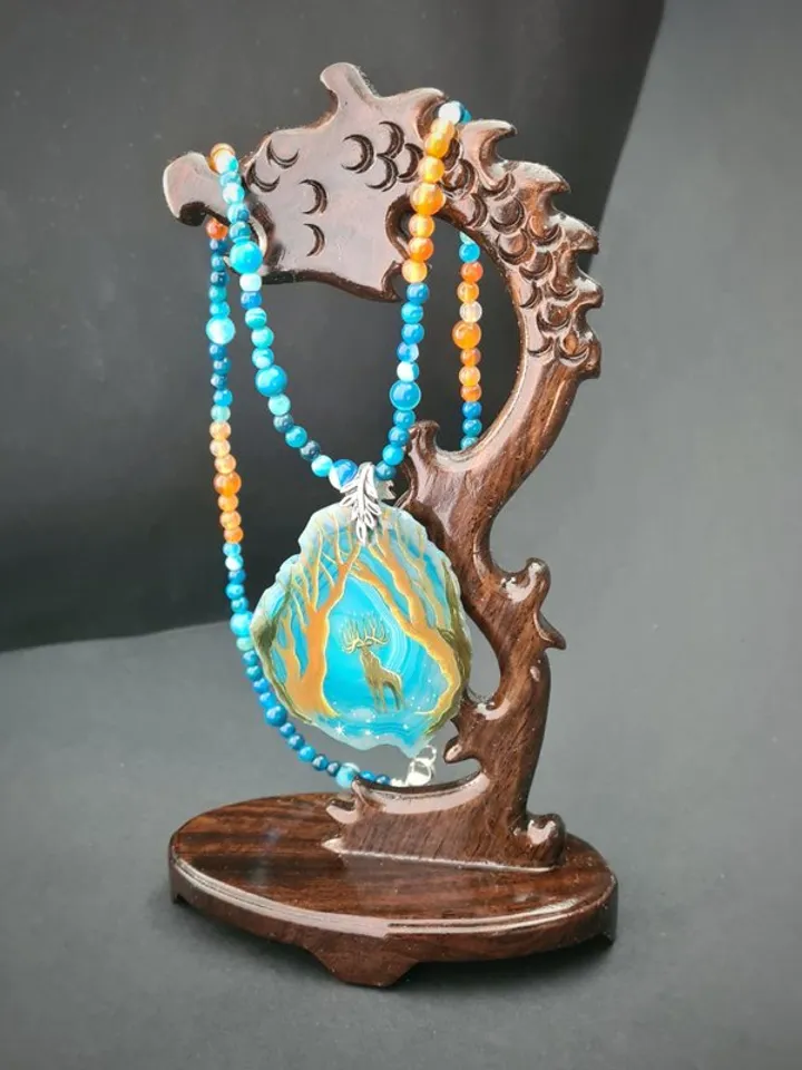 Deer necklace Agate necklace Real oil painting of deer Lacquer miniature