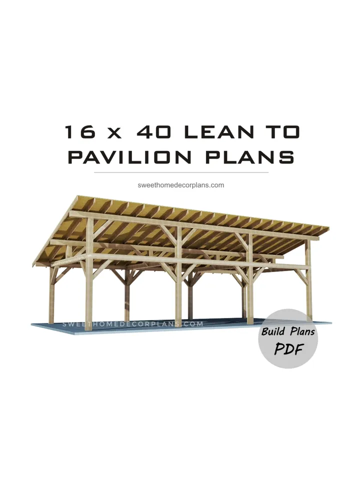 DIY 16 x 40 lean to pavilion plans pdf. Detached carport plans. Wooden covered gazebo outdoor plans. Timber frame backyard garage plans.