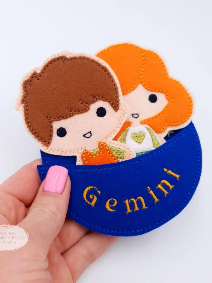 ITH Gemini Twins Finger Puppets & Bag Embroidery Design, Zodiac Star Sign Toy Set, 4x4 Hoop Christmas Ornament