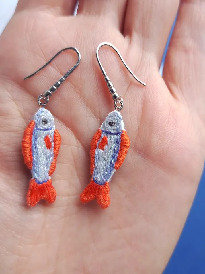 Embroidered Fish Earrings, Handmade Unique Jewelry, Whimsical Handcrafted Gift, Quirky Jewelry Accessory, Original Gift for Her, Boho Design