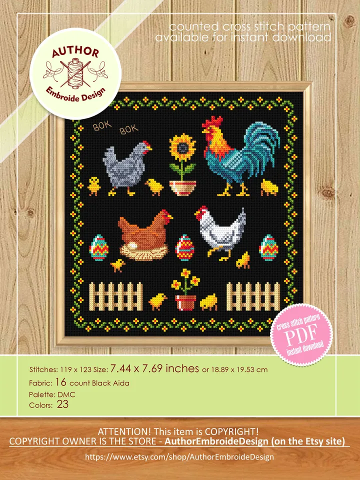 Rooster and Chicken sampler cross stitch pattern PDF download, Easter sampler pattern digital PDF, Farmhouse chicken wall decor #T36