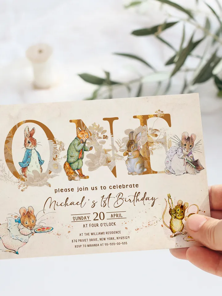 Rustic Peter Rabbit First Birthday Invitation Template;  Spring Bunny Classic Peter Rabbit Birthday Invitation  Handdrawn Peter Rabbit