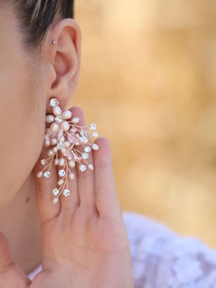 Rose Gold Vintage Leaf Wedding Earrings, Freshwater Pearl Floral Boho Wedding Earrings, Long Chandelier Statement Earrings, Bridal Jewelry