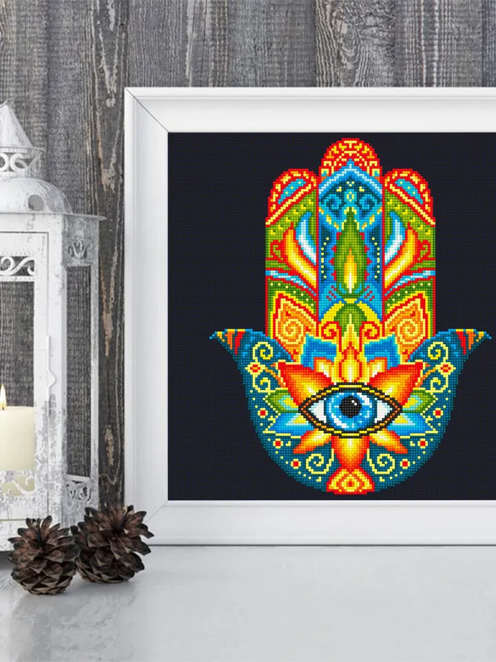 Hamsa hand cross stitch pattern download PDF, Mandala pattern PDF, Colorful Hand of Fatima cross stitch, Evil eye hamsa beginner stitch #M76