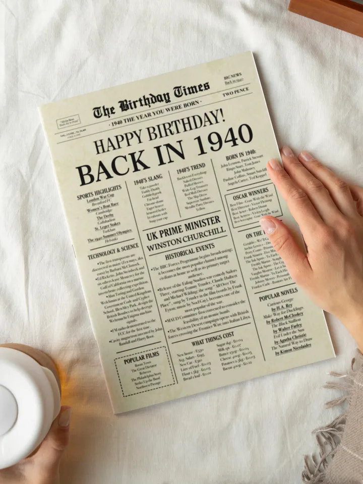 85th Birthday Newspaper Poster, Born in 1940 UK, British Edition, Back in 1940 United Kingdom, 85 Years Ago Printable Birthday Gift Decor