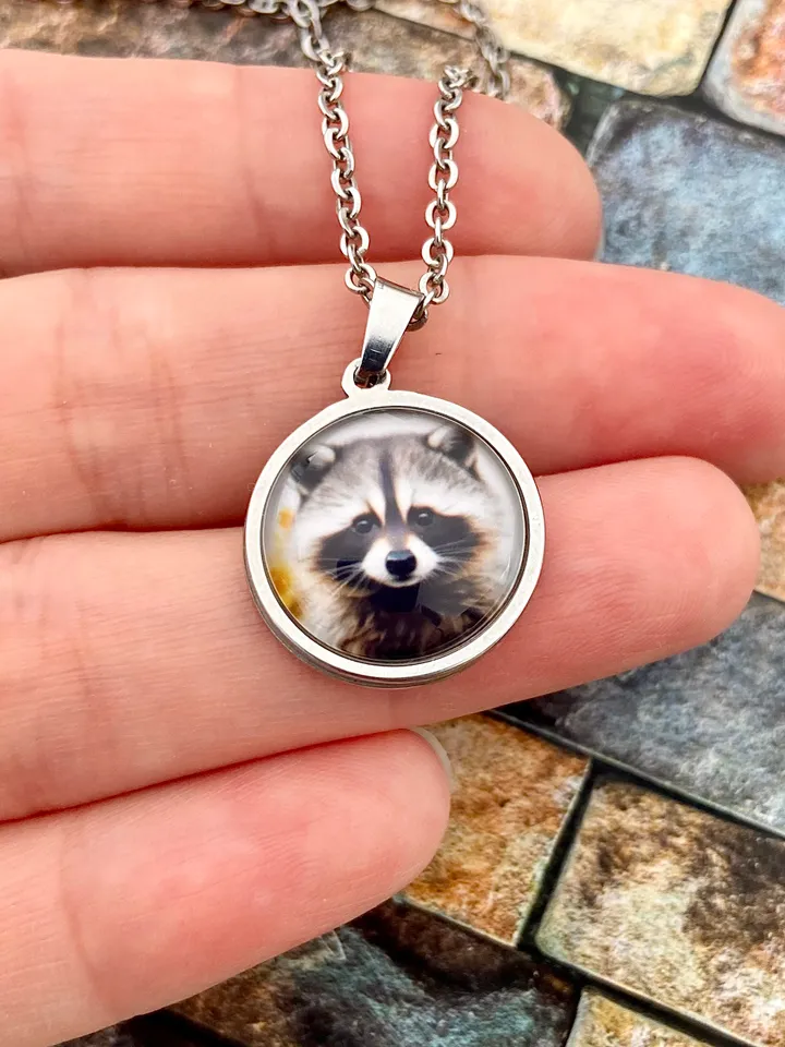 Racoon necklace, steel pendant with glass, racoon lover gift
