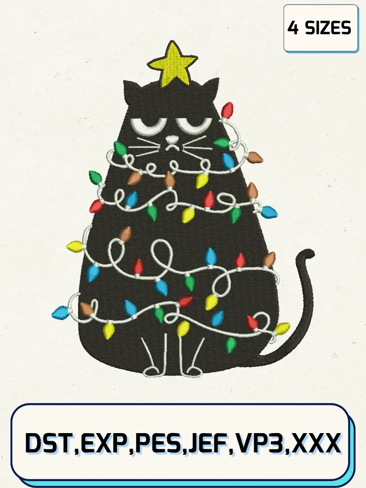 Black Cat Christmas Embroidery Designs,Christmas Embroidery Designs,Machine Embroidery Files,4 Sizes