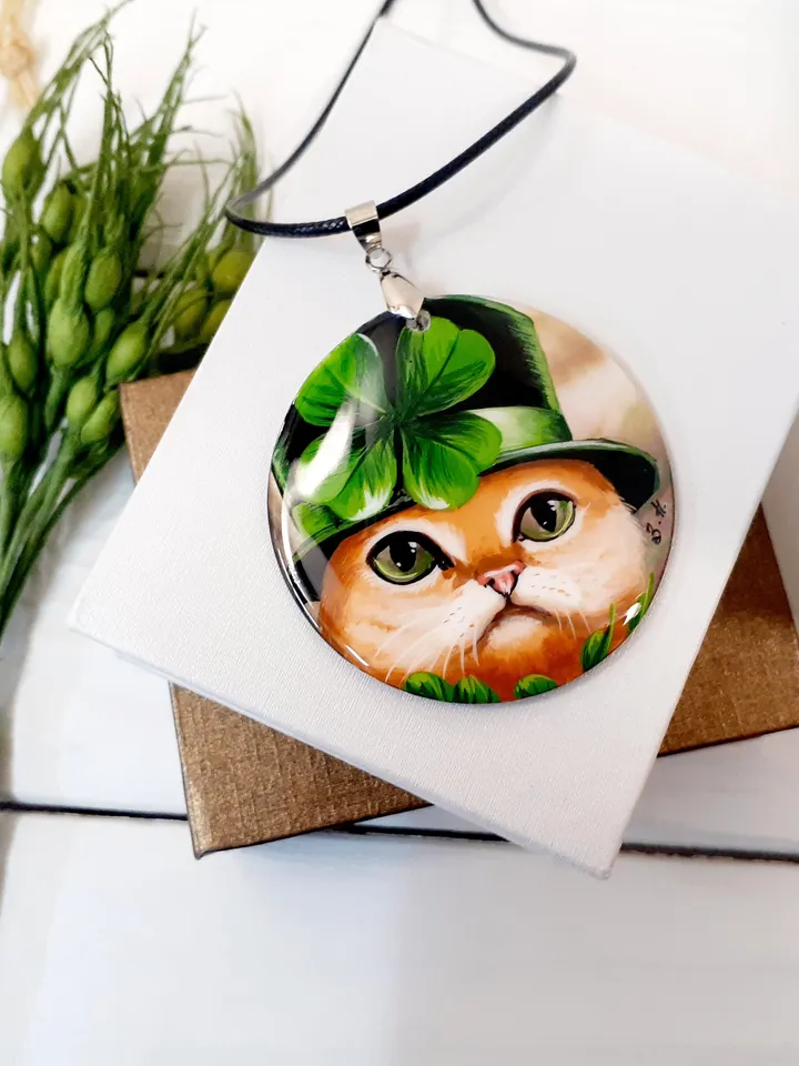 Pearl pendant necklace: Red Cat in the Hat. St Patrick's Day jewelry handmade for luck. Cute funny pendant with cat. Elegant dainty pendant
