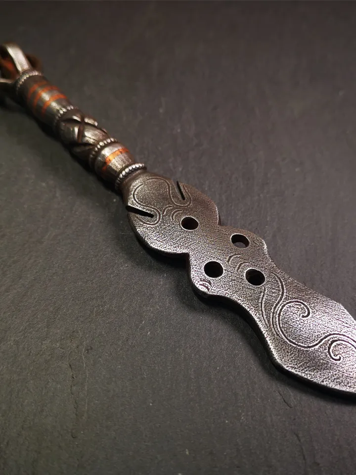Gandhanra Handmade Tibetan Buddhist Ritual Implement - Kila -Dorje Phurba,Made of Cold Iron inlaid Copper,7.8"