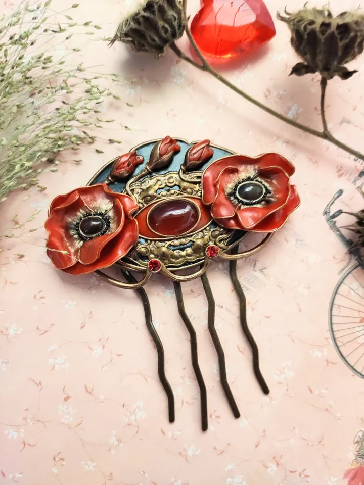 Hair clip Red poppy, Red Poppy Flower, Poppy Flower, Polymer clay Poppy