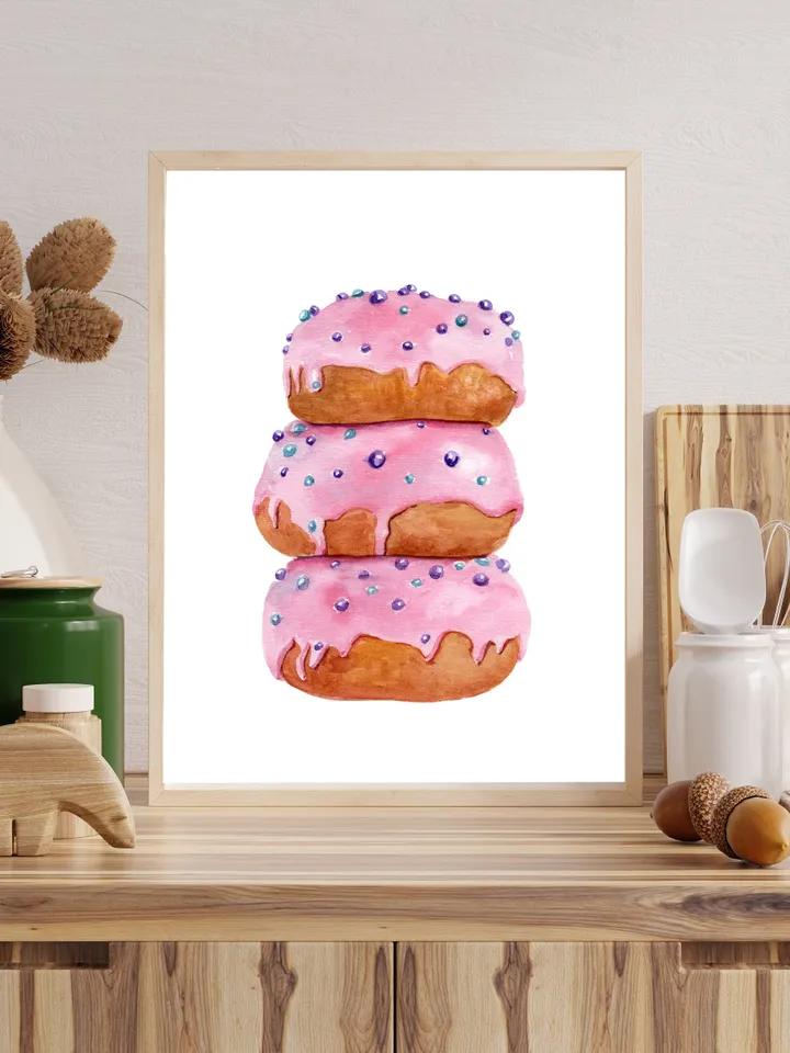Pink Donuts Sweet Watercolor Painting Print, Food Illustration, Breakfast Art, Candy Sweet, Dessert Painting,Donut Gift Print, Kitchen Print