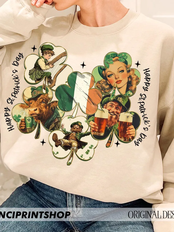 Vintage St Patricks Day png, Happy St patricks Day png, Leprechaun png, Retro St patricks, Lucky Shamrock png, Irish png, Highland Cow png
