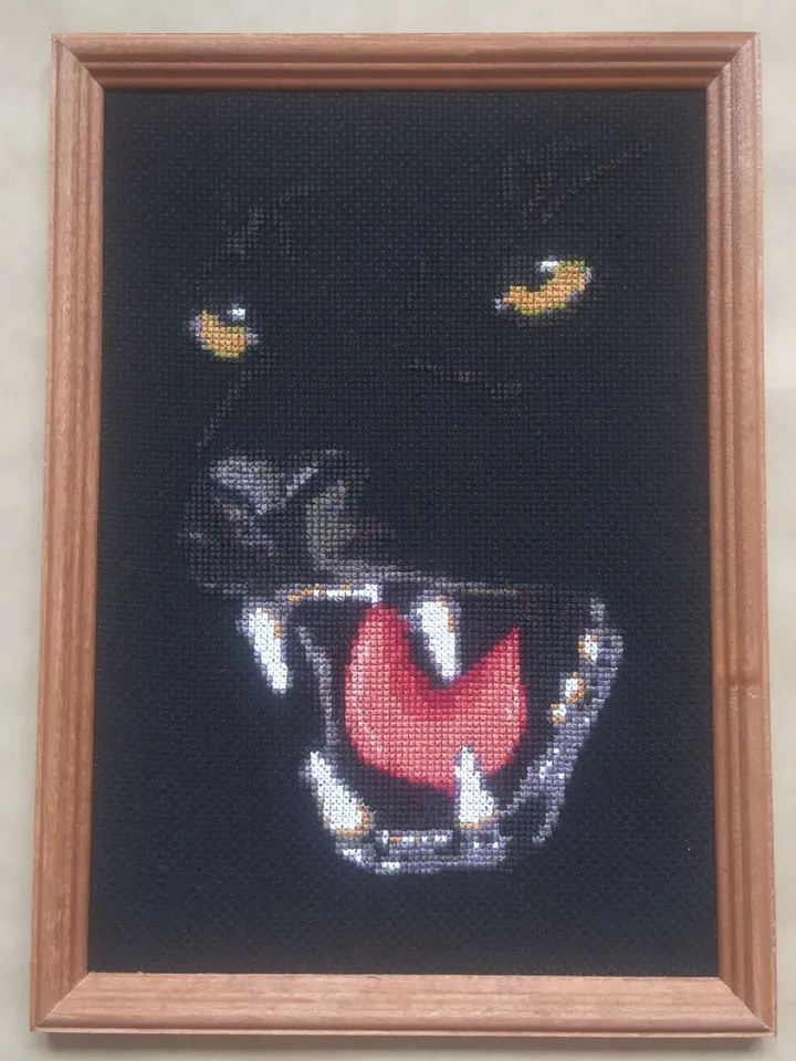Panther Portrait Wall Art Decor, Finished Cross Stitch, Wild cat Embroidery Art Print, Black Wall Art, Original Gifts
