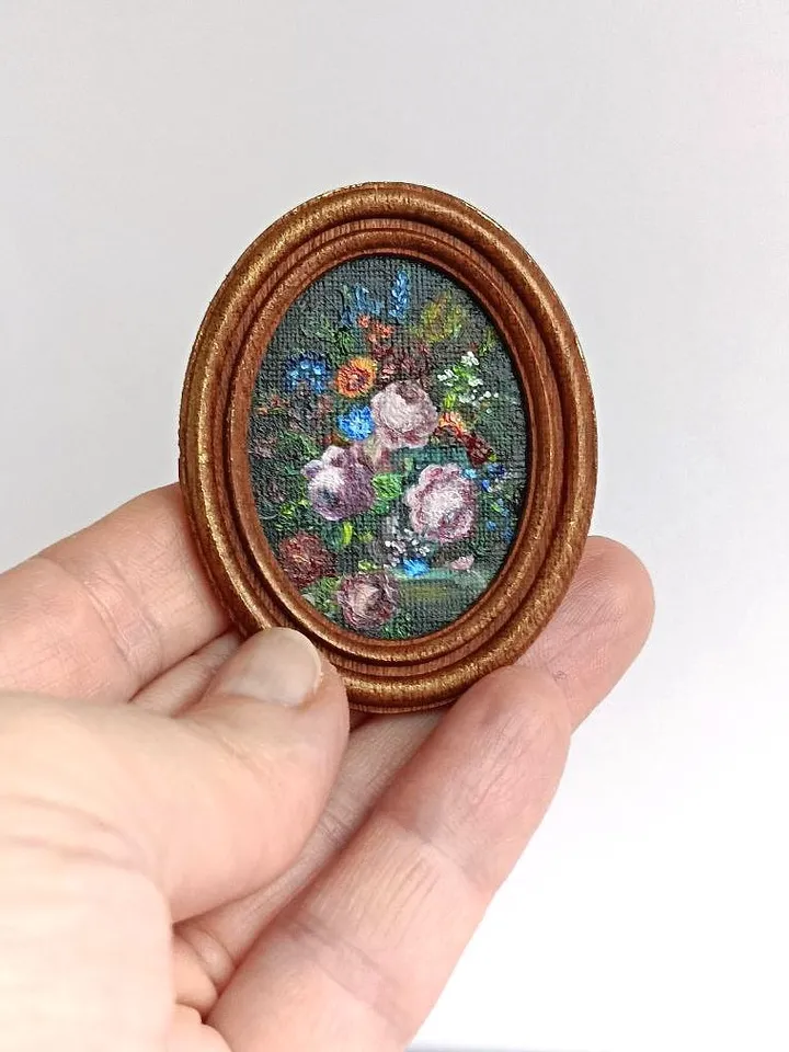 Miniature original oil painting with flowers in vintage style for dollhouses in 1/12, 1/6 scale
