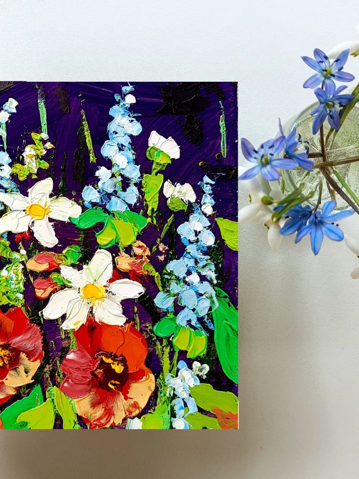 Wildflower Painting Birthday Flower Poppy Original Art Floral hand-painted Mini Landscape 6x6” Small Unique Art Decor by ArtProkopaloSv