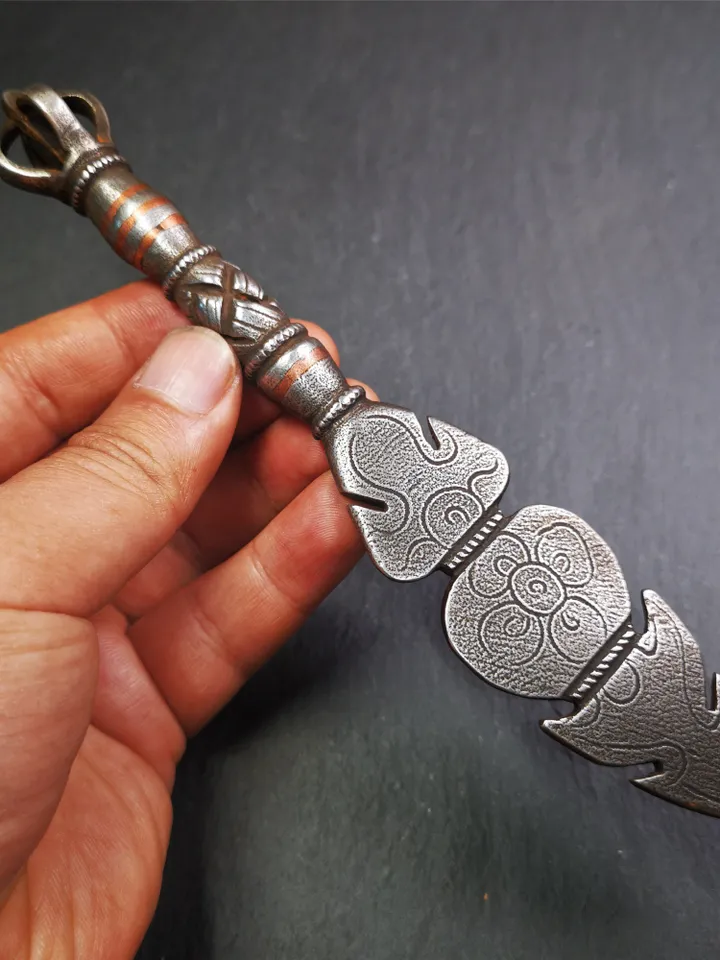 Gandhanra Handmade Tibetan Buddhist Ritual Implement - Kila -Dorje Phurba,Made of Cold Iron inlaid Copper,7.8"