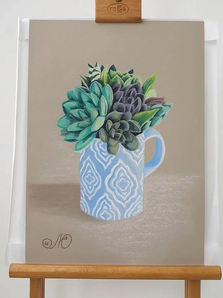 Succulent Painting Cup Original Art Cactus Wall Art Floral Soft Pastel Painting