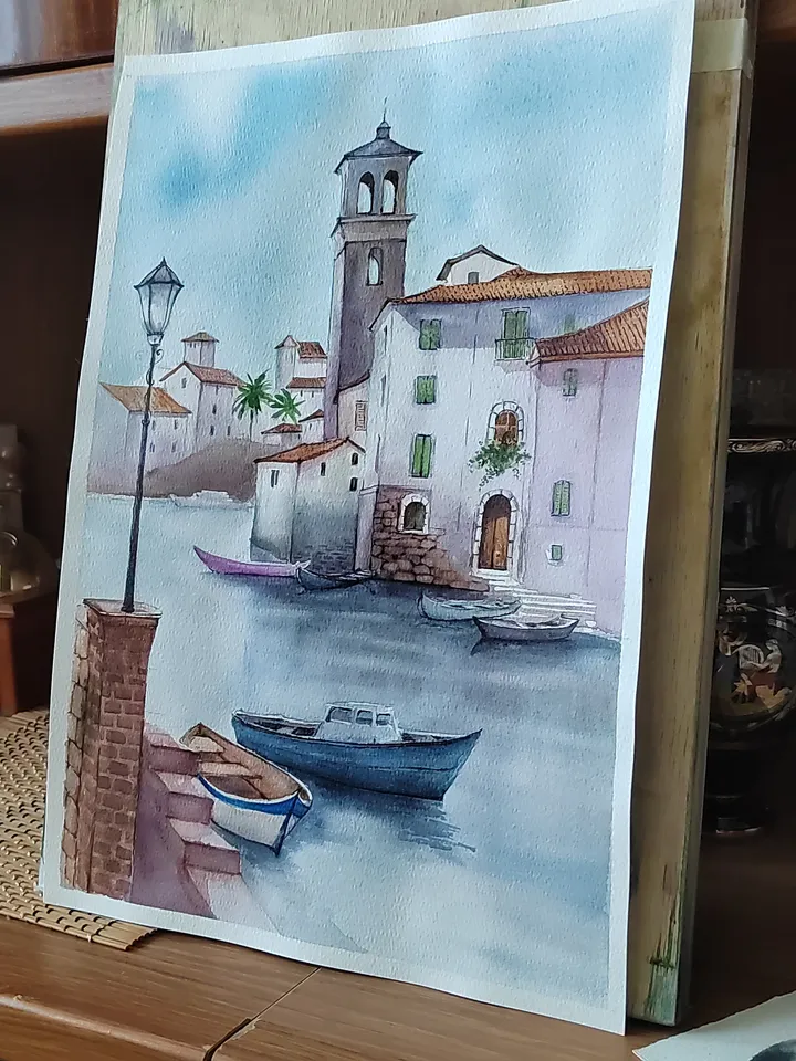 Original Watercolor Painting Venetian Landscape Art Houses on the Canal Artwork Venice Street Picture 27x39 cm by SoftWaves