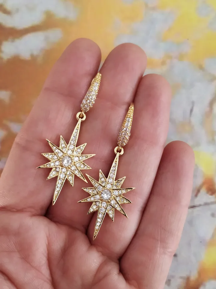 Gold Crystal Star Bridal Earrings | Gold Statement Earrings | Drop Wedding Earrings | Wedding Jewelry | Celestial Jewelry | Bridesmiad Gift