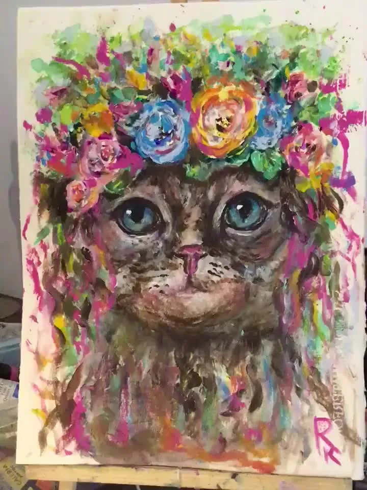 Flower cat original watercolour mix media painting on watercolour paper,colourful cat wall art,one of a kind artwork,wall decoration,gift.