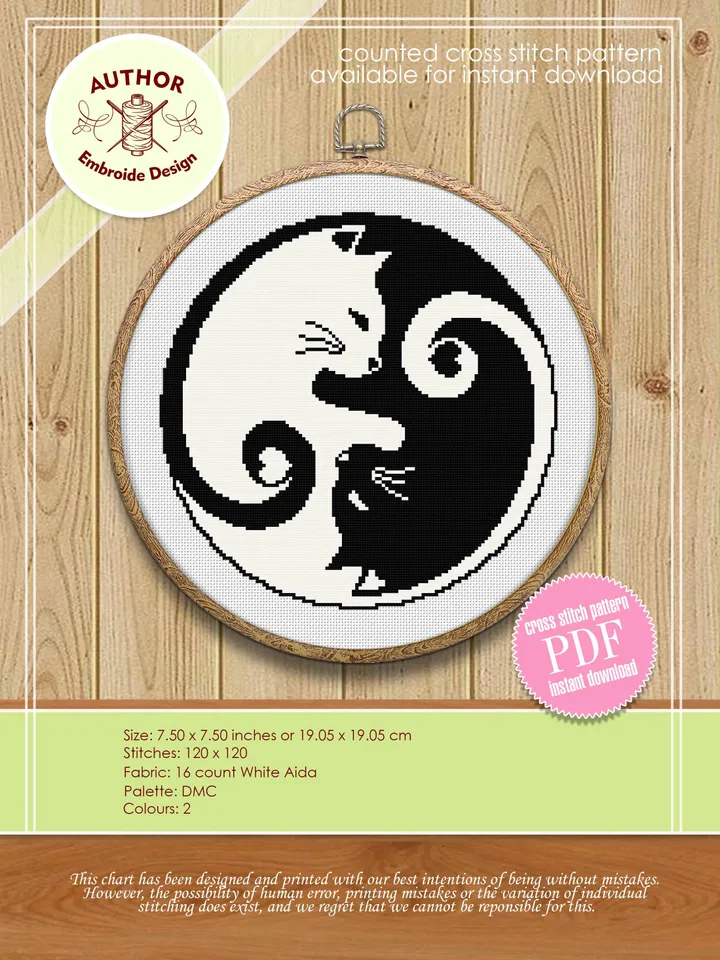 Yin Yang cat cross stitch pattern download PDF, Mandala cat embroidery PDF, Yin and yang cross stitch chart, Quick cross stitch sampler #M89