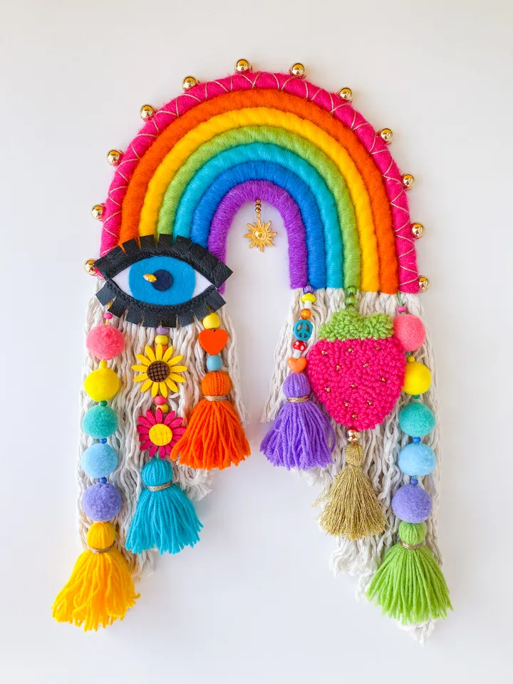Macrame rainbow wall hanging, Evil eye and hamsa hand, Hippie room decor, Housewarming gift, Dorm room decoration