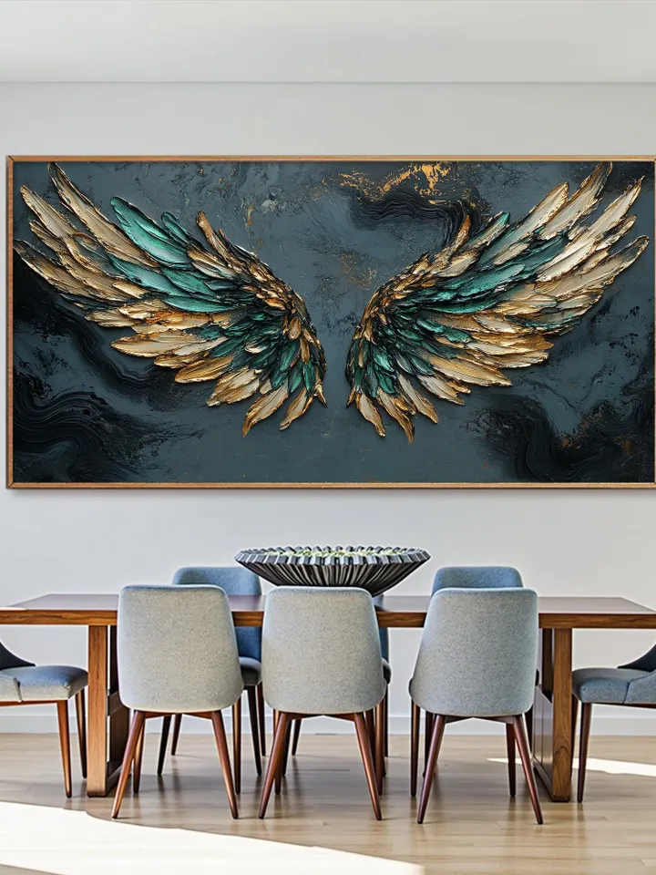 Large Emerald Green & Gold Angel Wings Impasto Painting, Textured 3D Wall Art, Original Abstract Art, Unique Home Decor, Office Wall Decor
