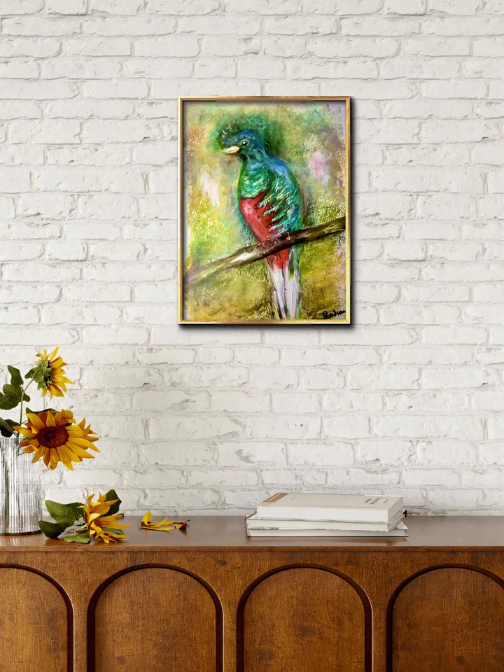Quetzal bird,original oil pastel painting,exotic birds painting,colourful oil pastel painting,affordable art,wall decoration gift.