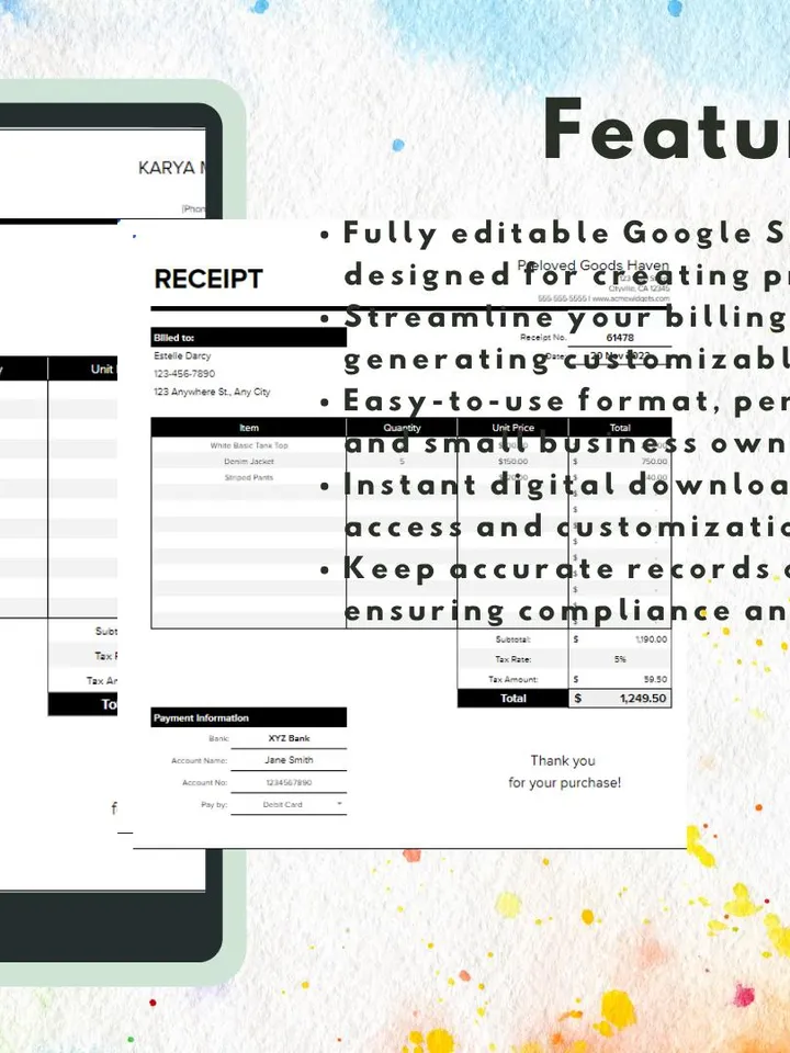 Receipt Template, Editable Google Sheets, Easy-to-Use, Digital Download for Small Business, Freelancers, Service Providers