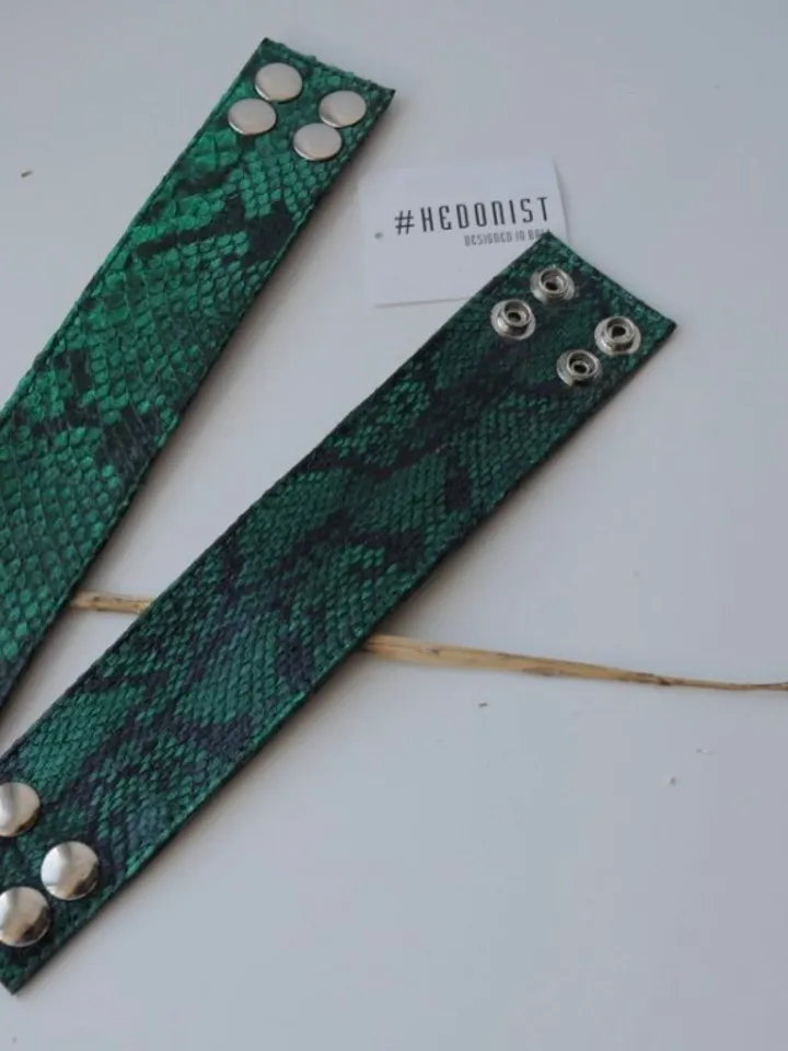 Green Python Skin Bracelet | Flat Woman Buttoned Exotic Leather Bracelet | Wide Leather Bracelet | Women Jewerly | Snake Skin Bracelet