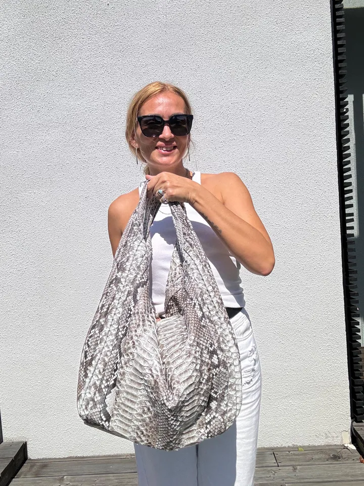 Big Soft Hobo Classy Sport Woman Stitched Bag | Purse Genuine Python Skin | Gray Big Elegant Leather Designer Soft Bag Snake | reptile hobo