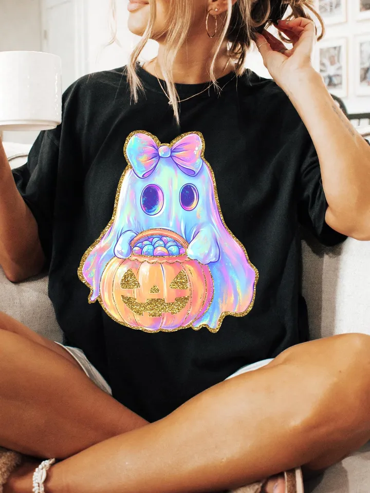Iridescent Ghost Pumpkin PNG, Coquette Halloween Design, Iridescent Ghost Pumpkin Design, Halloween PNG, Girly Halloween Png, Cute Ghost Png