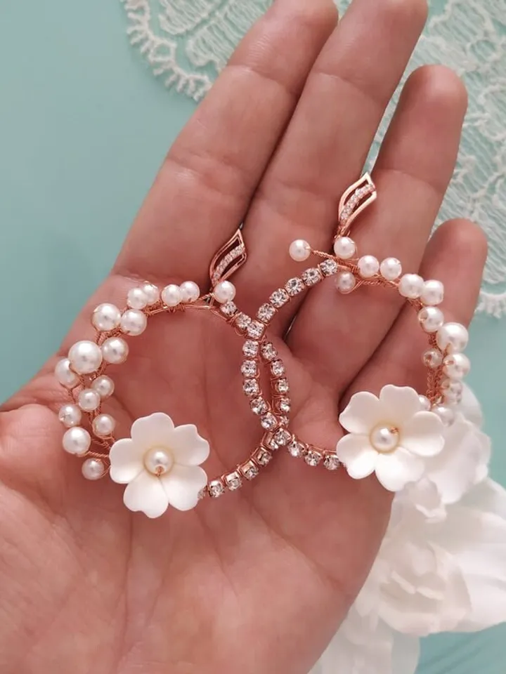 Rose Gold Hoop Floral Wedding Earrings, Porcelain Flower Bridal Earrings, Crystal Chandelier Statement Earriungs, Pearl Bridal Jewelry,