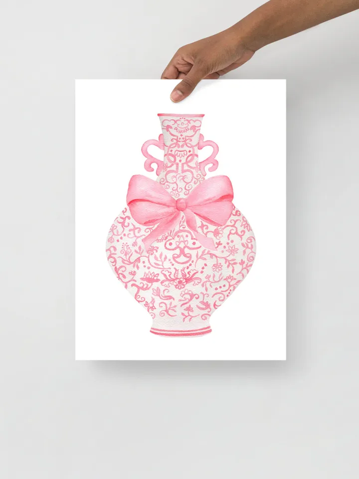 Pink Chinoiserie Ginger Jar With Bow, Watercolor Painting, Pastel Wall Art, Pink Bow Art, Nursery Wall Art, Preppy Pink Bow, Chinese Print