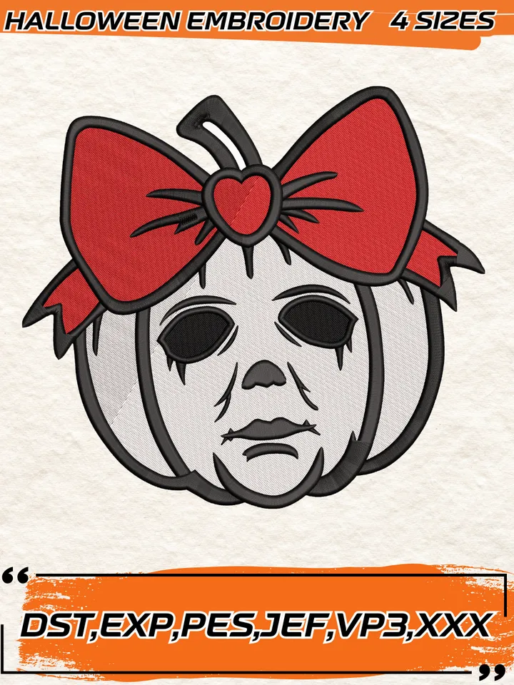 Halloween Michael Myers Pumpkin Bow Embroidery Design,Halloween Embroidery Design,4 Sizes, Digital Download