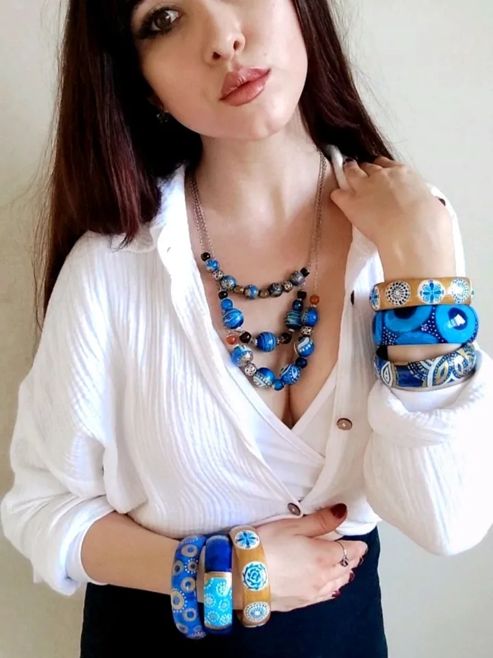 Jewelry Set Hand-painted Boho Style Eclectic Blue Bracelets and Beads